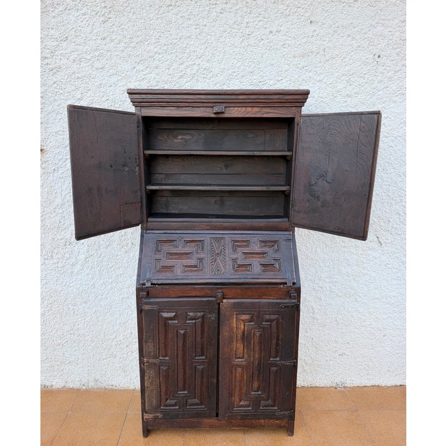 Antique Spanish Carved Wooden Bureau Cabinet With Drop-Front Desk, 19th Century For Sale - Image 6 of 10