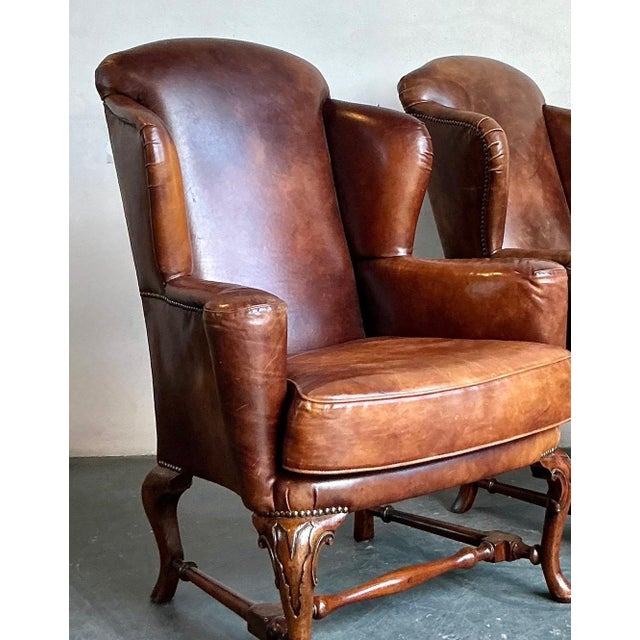 Vintage Italian Leather Wingback Chairs - A Pair For Sale In West Palm - Image 6 of 12