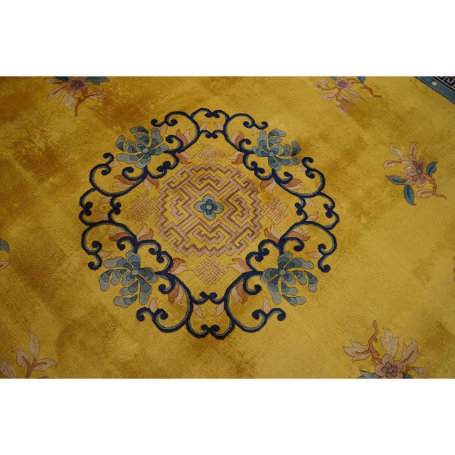 1920s Yellow Classic Greek Key Medallion Antique Chinese Peking Carpet 9'' X 12' For Sale - Image 4 of 10