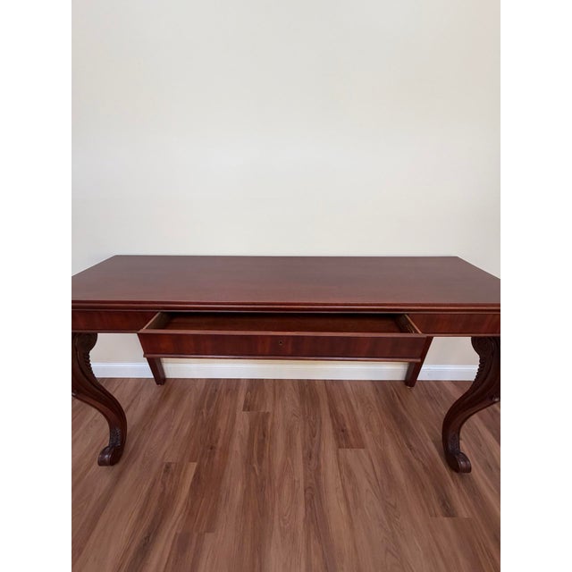 Wood Late 20th Century Polo Ralph Lauren Mahogany Regency Console Table 72in Carved Scroll Legs For Sale - Image 7 of 15