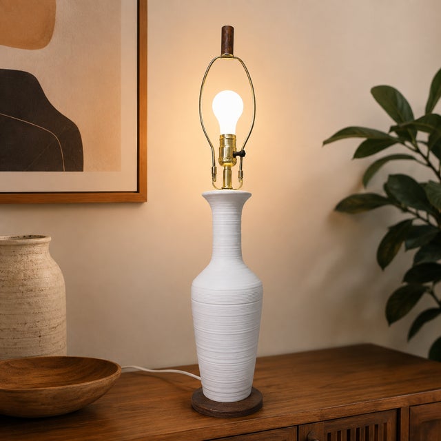 1970s Mid Century Modern White Ceramic Table Lamp, Wood Base 29" Rewired For Sale - Image 10 of 11
