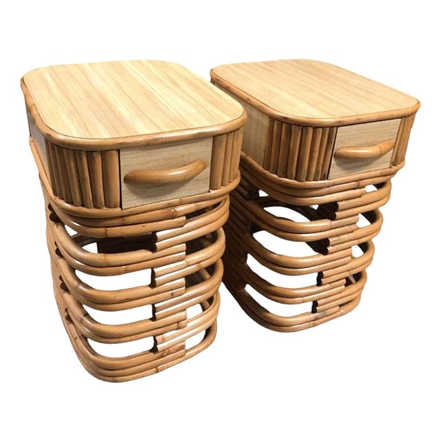 1950s Restored Modernist Stacked Rattan Nightstand Side Table W/ Formica Top, Pair For Sale