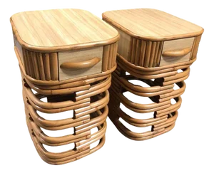 1950s Restored Modernist Stacked Rattan Nightstand Side Table W/ Formica Top, Pair