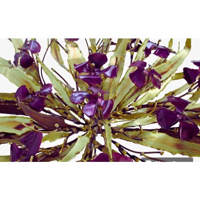 Mid-Century Modern Vintage Metal Wall Sculpture Signed Stephen Vat Brass With Purple Flowers Brutalist 1970's Indoor or Outdoor For Sale - Image 3 of 5