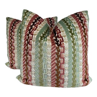 Cut Velvet Stripe in Multi 22" Pillows-A Pair For Sale