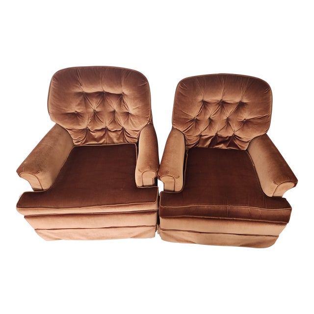 Vintage Rust Colored Tufted Velvet Rocking and Swivel Club Chairs- A Pair For Sale