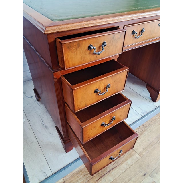 Antique Twin Pedestal Desk in Yew Wood with Leather Top, 1980s For Sale - Image 17 of 18