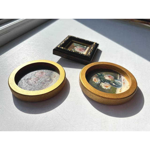 Set of 3 Miniature Rose Oil Paintings Vintage Frames Tiny Floral Wall Art Roses For Sale - Image 9 of 14
