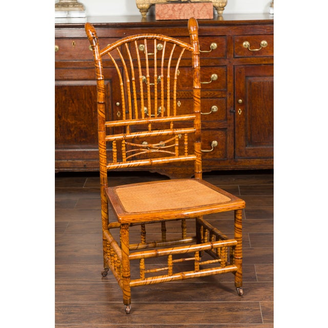 English 1890s Bamboo Slipper Chair with Fan Back, Rattan Seat and Casters For Sale - Image 10 of 12