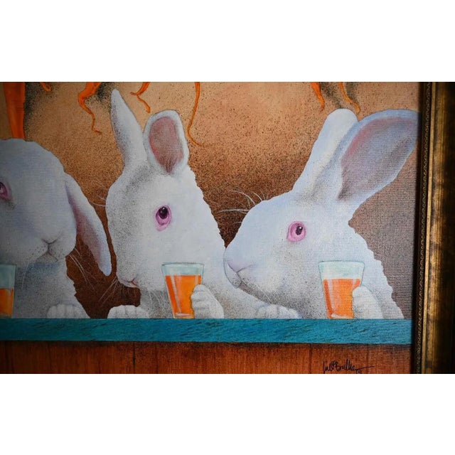Contemporary Will Bullas Original Painting of Three Rabbits at a Carrot Juice Bar, Signed and Framed For Sale - Image 3 of 7