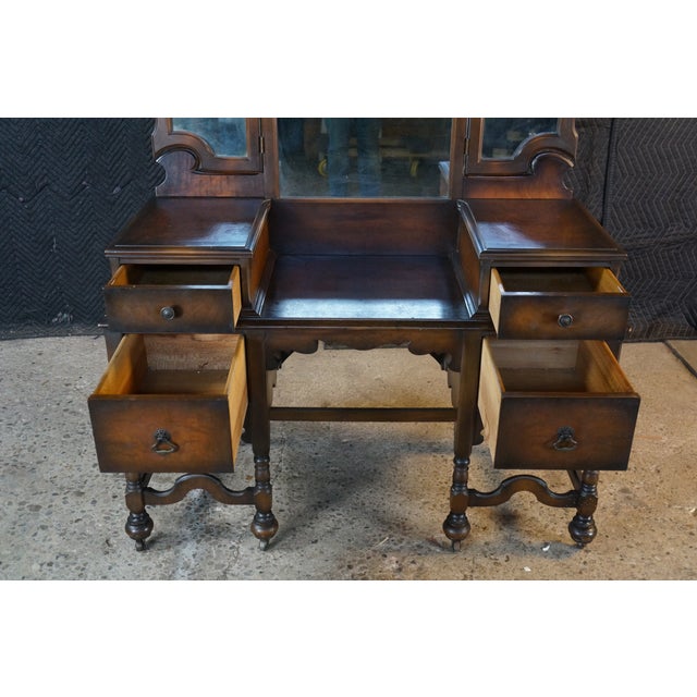 Antique Jacobean Gothic American Walnut Vanity Dressing Table Tri Fold Mirror For Sale - Image 10 of 18