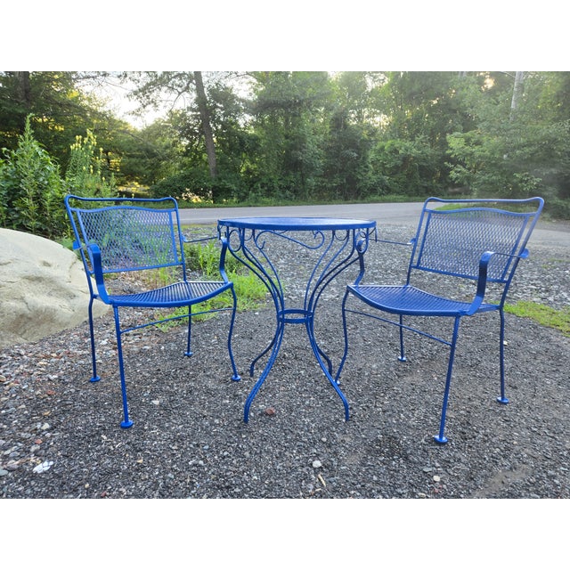 Vintage Wrought Iron Patio Set Painted Ford Blue, 3 Pieces For Sale - Image 4 of 18