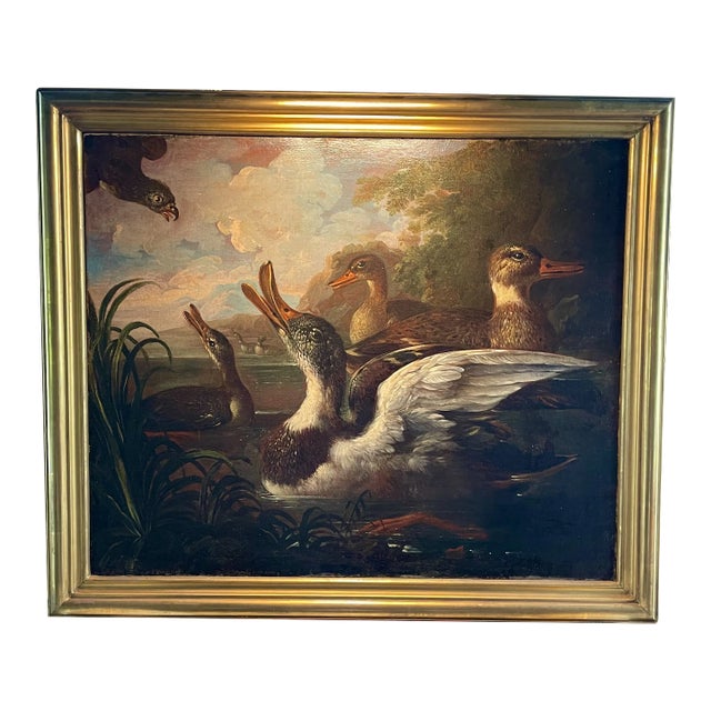 19th Century Realist Landscape Oil Painting of Ducks with Hawk, Framed For Sale