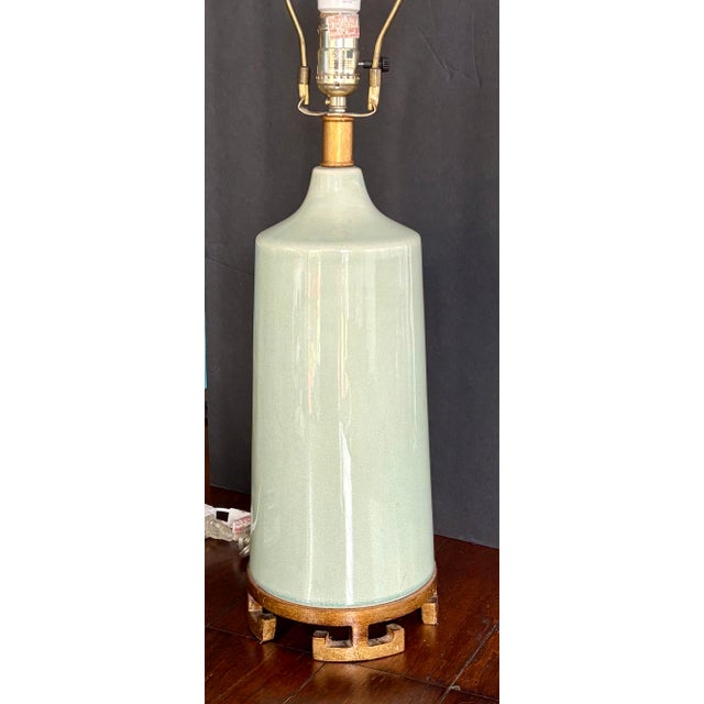 1960s Mid-Century Modern Celadon Crackle-Glaze Ceramic & Wood Table Lamp For Sale In Miami - Image 6 of 15