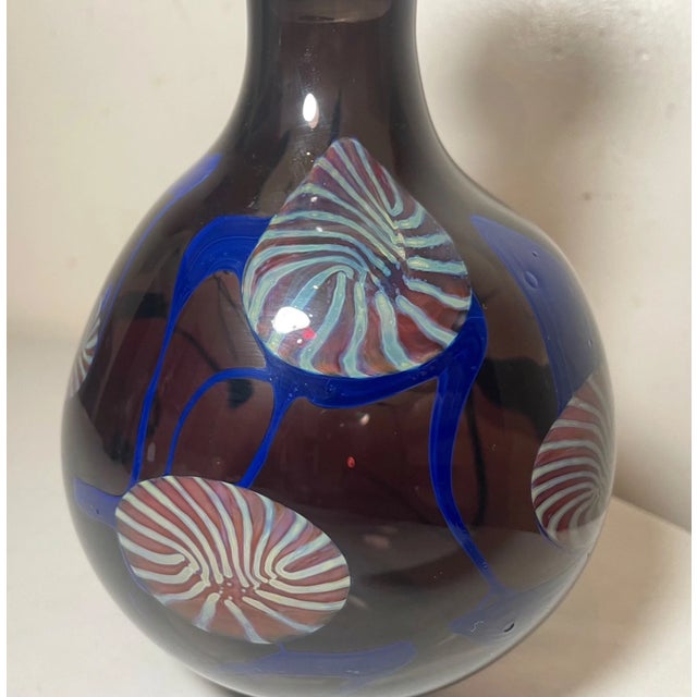 Glass Signed 1983 Vintage Hand Blow Art Studio Glass Blue Purple Decanter Bottle For Sale - Image 7 of 11