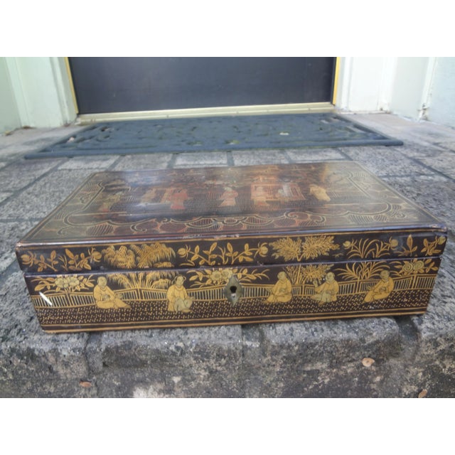 Antique Chinese Hand Decorated Lacquer Decorative Box For Sale - Image 10 of 11