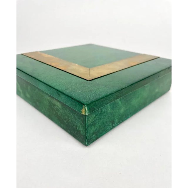 Square Box in Green Goatskin & Brass by Aldo Tura, Italy, 1960s For Sale - Image 12 of 15