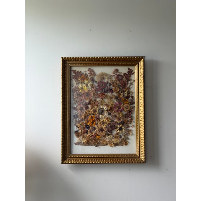Wood Vintage 1976 Pressed Dried Flower Art, Framed Botanical Collage, Gilt Frame For Sale - Image 7 of 13