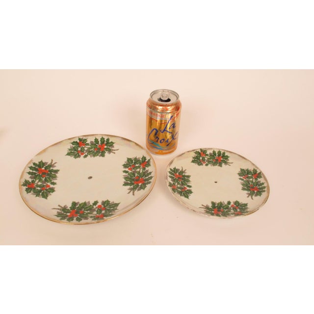 This Set of 2 Japan Ucagco 1960 Christmas Iridescent Holly Cookie Plate Stacked Tier Display was part of a set my parents...