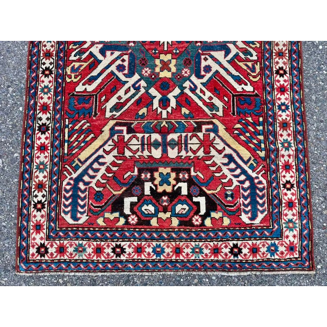 Red Antique Adler Kazak Rug c.1890-1920 Rare Mustache Design Caucasian Collectible For Sale - Image 8 of 8
