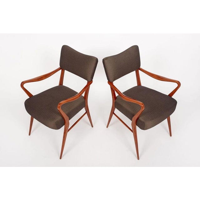 Brown Pair of Mid Century Modern Wood & Brown Upholstered Arm Chairs, 1950s For Sale - Image 8 of 11