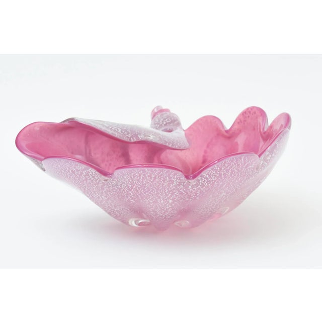 Vintage Murano Pink and Silver Foil Clam Shell Coiled Large Glass Bowl, Signed For Sale - Image 4 of 11