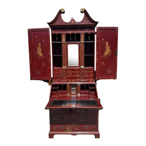 18th C Style George III Burton-Ching Red Chinoiserie Secretary Desk Bookcase