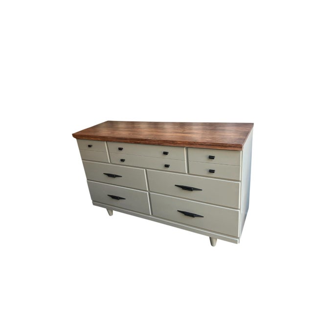 Mid-Century Modern Mid-Century Modern Walnut & Sage Green Lowboy Dresser Professionally Refinished For Sale - Image 3 of 8