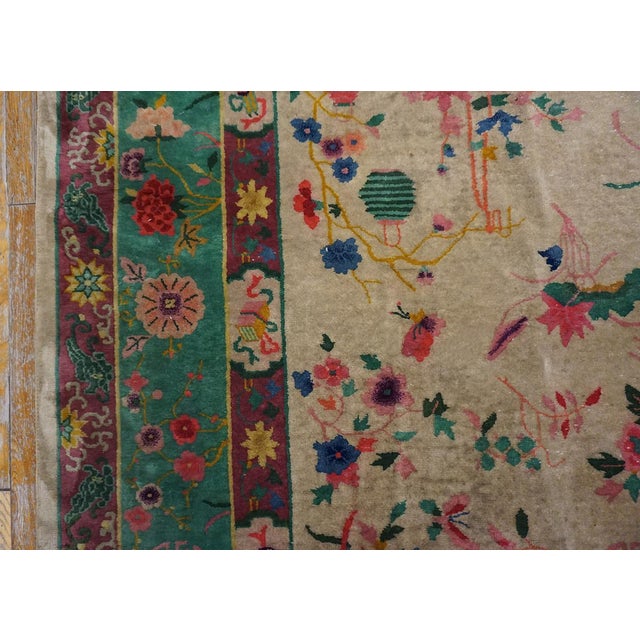 Ivory 1920s Ivory Green Floral Modern Antique Chinese Art Deco Rug 9'2" X 11'7" Handknotted Wool Carpet For Sale - Image 8 of 15