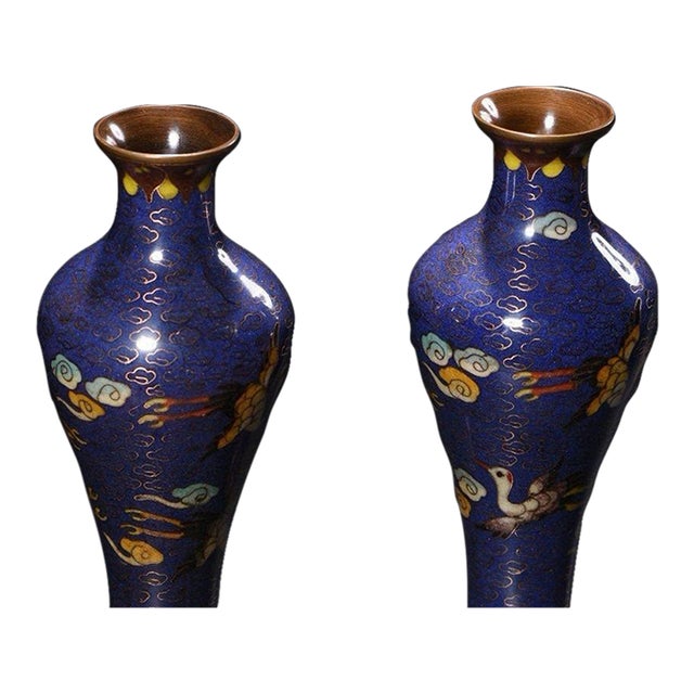 Pair of Vintage Chinese Blue Cloisonné "Crane & Clouds" Vases - 1365g For Sale