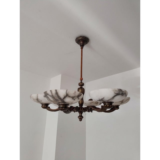 Art Deco Brass Alabaster Chandelier, 1930s For Sale - Image 12 of 18