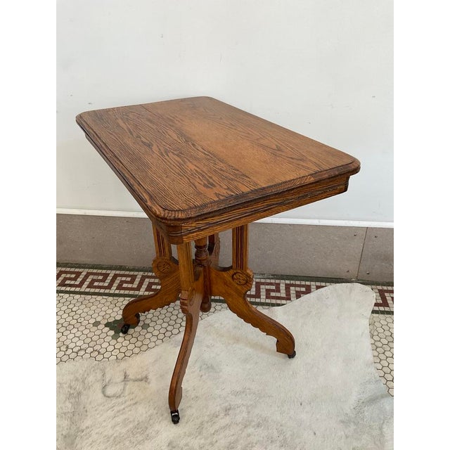 Wood Antique Victorian Carved Quarter Sawn Oak Parlor Table on Casters, Eastlake Style For Sale - Image 7 of 18