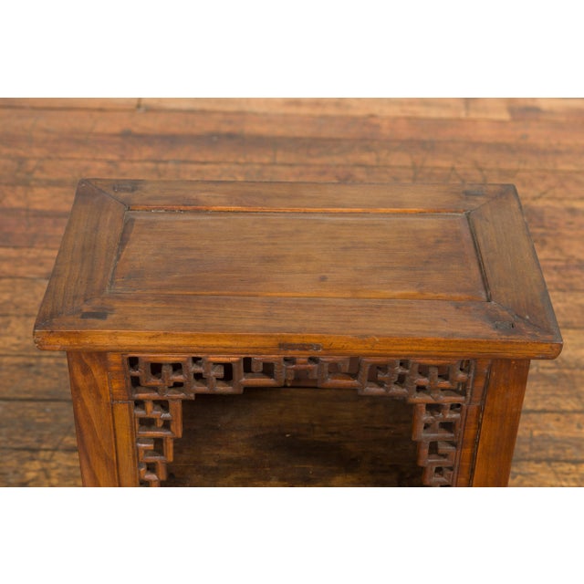 Chinese Qing Dynasty 19th Century Elm Side Cabinet with Fretwork Shelf and Doors For Sale - Image 9 of 13