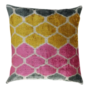 Contemporary Gold Gray Pink Handmade Silk Throw Pillow With Down Insert