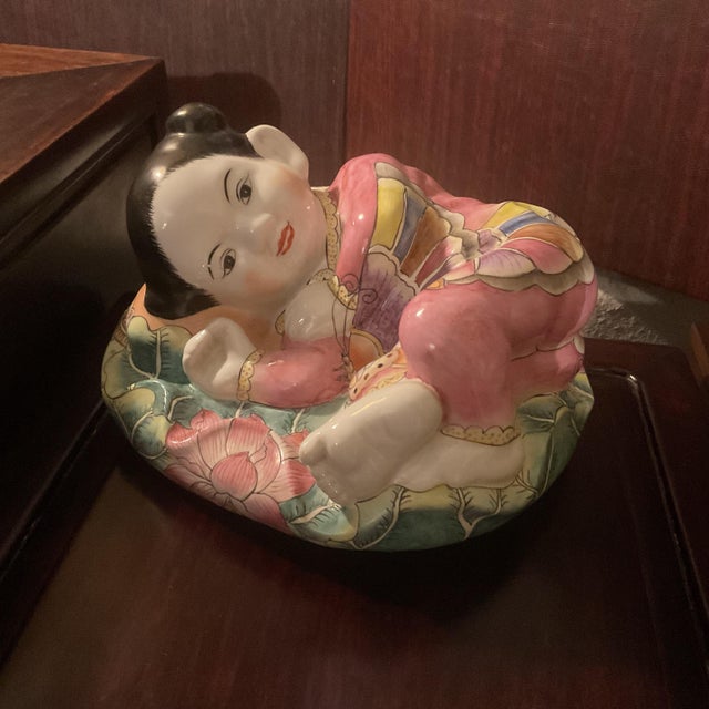 Pink Vintage Ceramic Glazed Little Girl Figurine Resting on a Pillow For Sale - Image 8 of 8