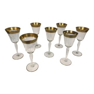 Vintage Gold Rimmed Embossed Wine Glasses - Set of 7 For Sale