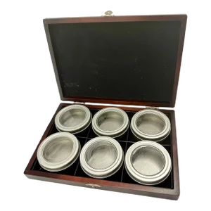 Tea Chest Wood Box Empty Set 6 Canisters Presentation Lidded