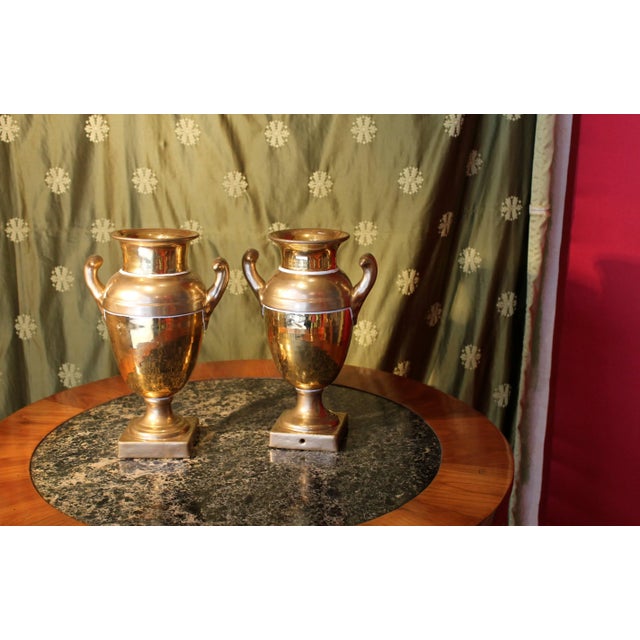 Hollywood Regency French Empire Period Matte and Burnished Gilt Porcelain Vases, Set of 2 For Sale - Image 3 of 10