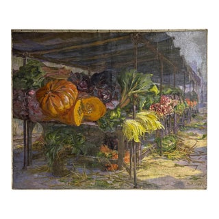 Monumental 19th Century French Produce Market Oil Painting by Camille Olivier For Sale