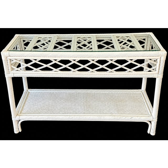 Wood Vintage Ficks Reed Rattan Two Tier Console Sofa Entryway Table For Sale - Image 7 of 7