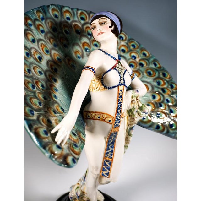1920s Art Deco Dancer in Peacock Costume by Paul Philippe for Goldscheider, Vienna, 1925 For Sale - Image 5 of 13
