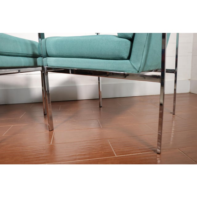 Vintage Pair Mid Century Chrome Frame Chairs Milo Baughman Style Green Fabric Modern Retro Sculptural 60's 70’s For Sale - Image 13 of 14