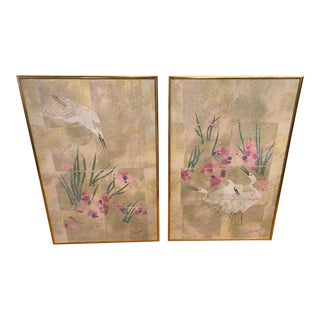 Vintage Pair of Asian Chinoiserie Paper Modernism Signed Limited Edition Heron Art Prints For Sale