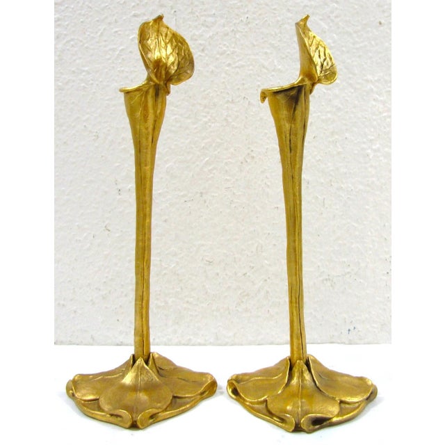 Late 19th Century Pair Art Nouveau German Cast Brass Calla Lily Candlesticks Attributed to Richard Müller For Sale In Miami - Image 6 of 13