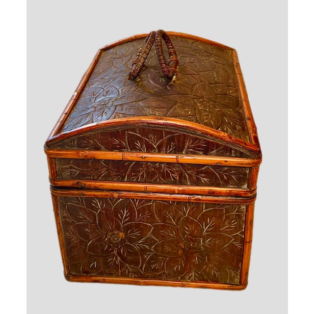 Japanese Bamboo Wooden Storage Box With Woven Handles, Hand Carved For Sale - Image 3 of 11
