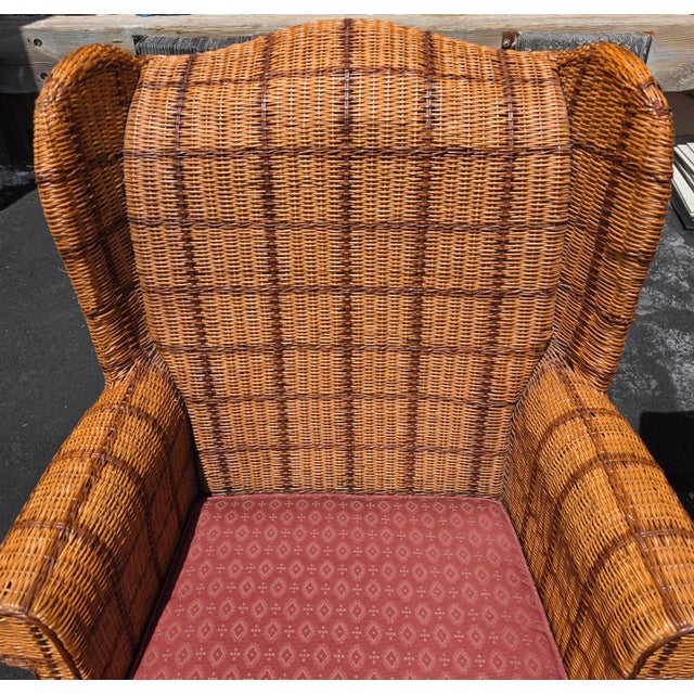 Late 20th Century Pair of Palecek Woven Rattan Wingback Lounge Chairs With Rolled Arms For Sale - Image 11 of 15