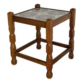 Oak Small Table Patterned Ceramic Tile Top Danish Vintage Accent Side End Table 1970s For Sale