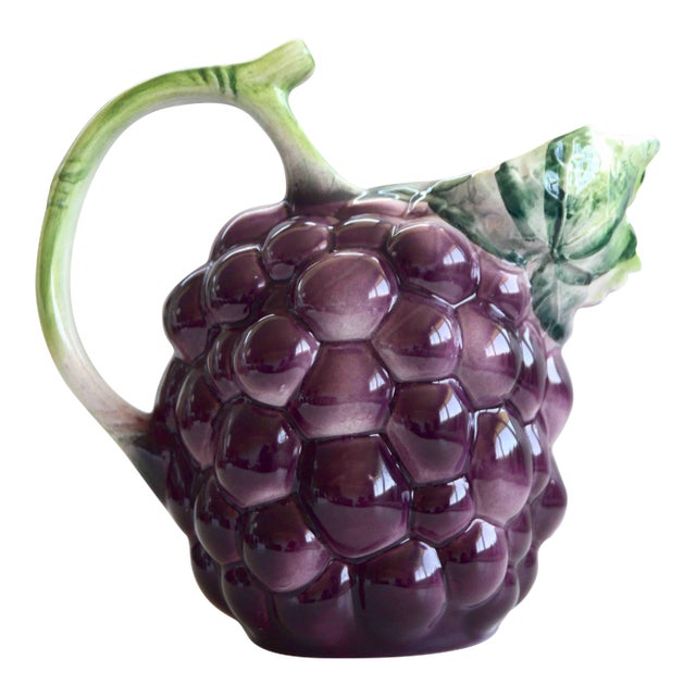 Italian Hand Painted Ceramic Purple and Green Grape Pitcher For Sale