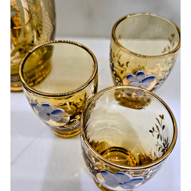 Vintage Italian Murano Tre Fuochi Amber Glass Decanter & 6 Cordial Glasses – 24k Gold Gilt, Hand-Painted High Enamel Flowers For Sale - Image 9 of 12