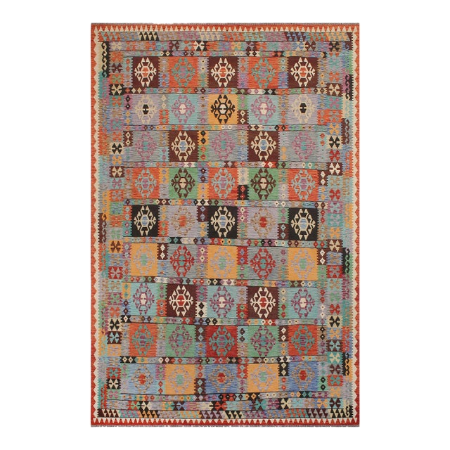 Early 21st Century Shabby Chic Kilim Blue Rust Wool Rug For Sale